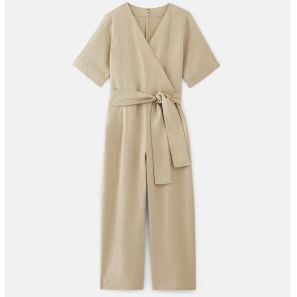 Everlane Pants - Everlane Womens Size 6 Flax Linen Blend Short Sleeve Jumpsuit Cropped Khaki‎